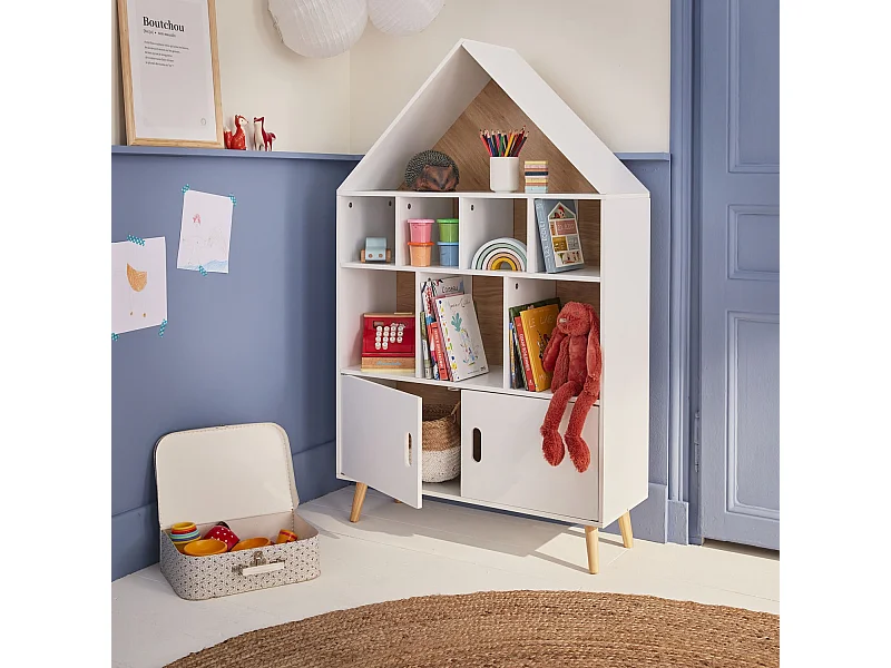 Scaffale per bambini in legno a forma di casa, bianco