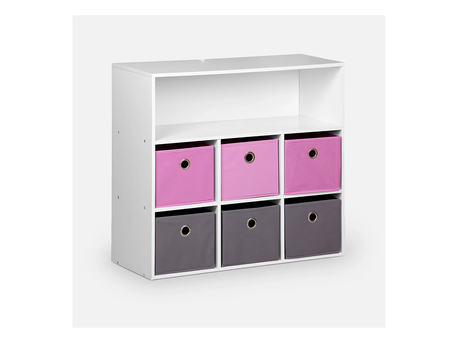 Meuble de rangement pour enfant. blanc - Camille - avec 7 compartiments et 6 paniers gris et roses