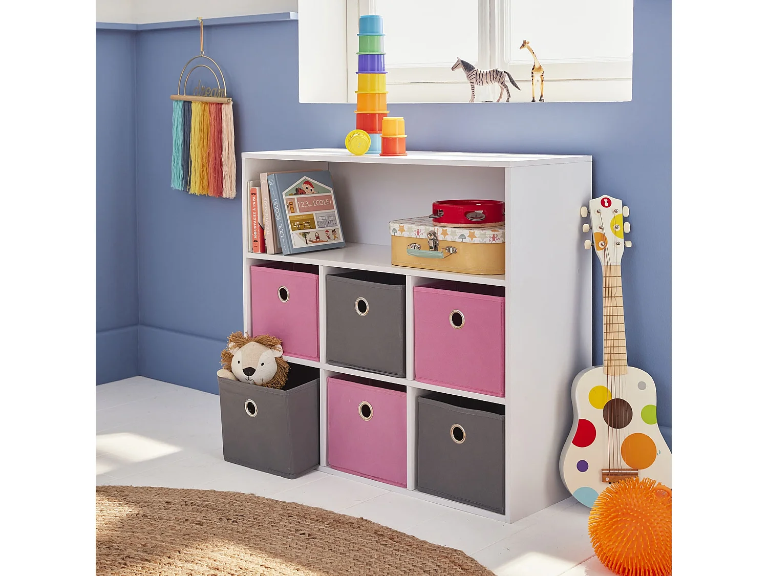 Mueble infantil con 6 cestas rosa