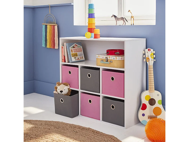 Meuble de rangement pour enfant. blanc - Camille - avec 7 compartiments et 6 paniers gris et roses