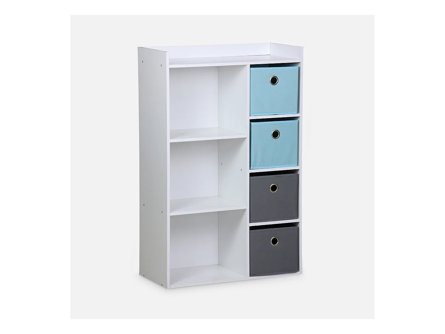 Meuble de rangement pour enfant. blanc - Camille - avec 7 compartiments et 4 paniers gris et bleus