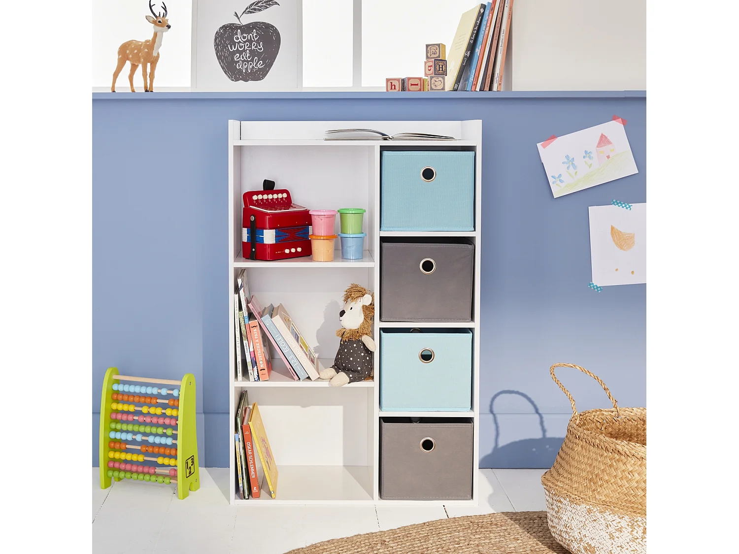 Meuble de rangement pour enfant. blanc - Camille - avec 7 compartiments et 4 paniers gris et bleus