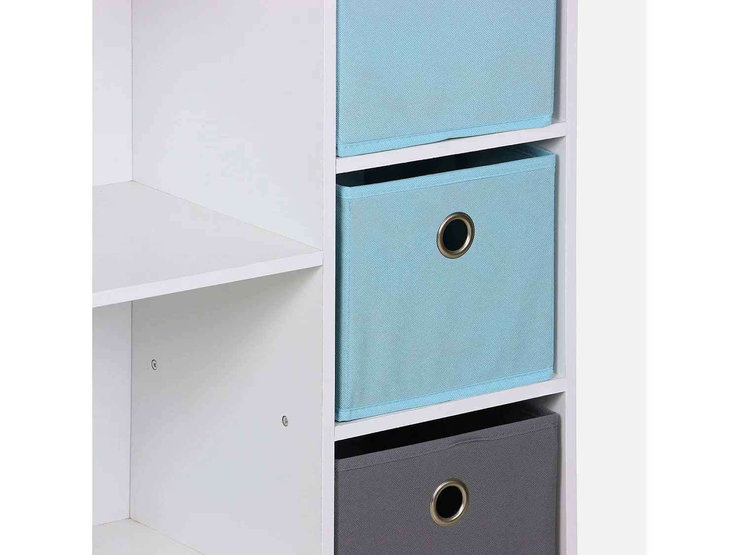 Meuble de rangement pour enfant. blanc - Camille - avec 7 compartiments et 4 paniers gris et bleus