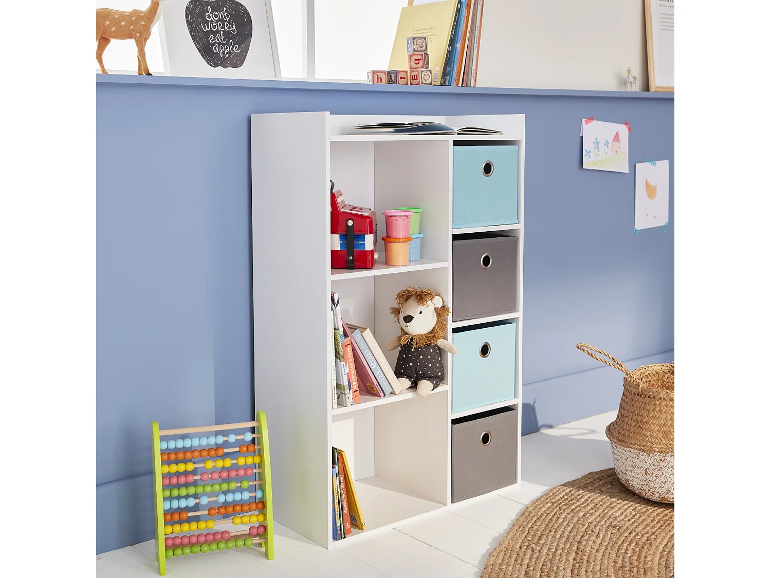 Meuble de rangement pour enfant. blanc - Camille - avec 7 compartiments et 4 paniers gris et bleus