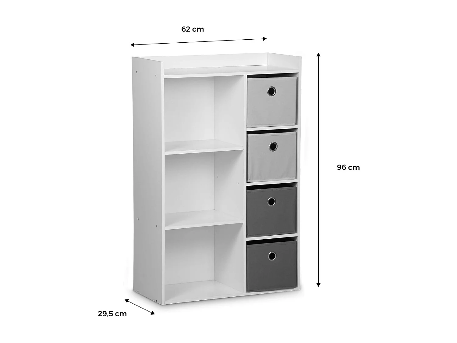 Meuble de rangement pour enfant. blanc - Camille - avec 7 compartiments et 4 paniers gris et bleus