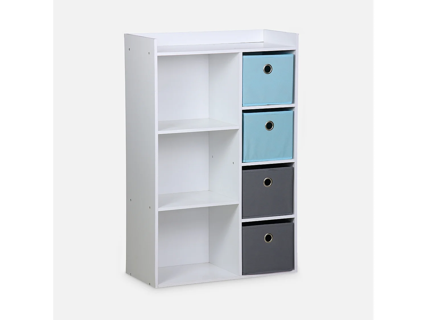 Meuble de rangement pour enfant. blanc - Camille - avec 7 compartiments et 4 paniers gris et bleus