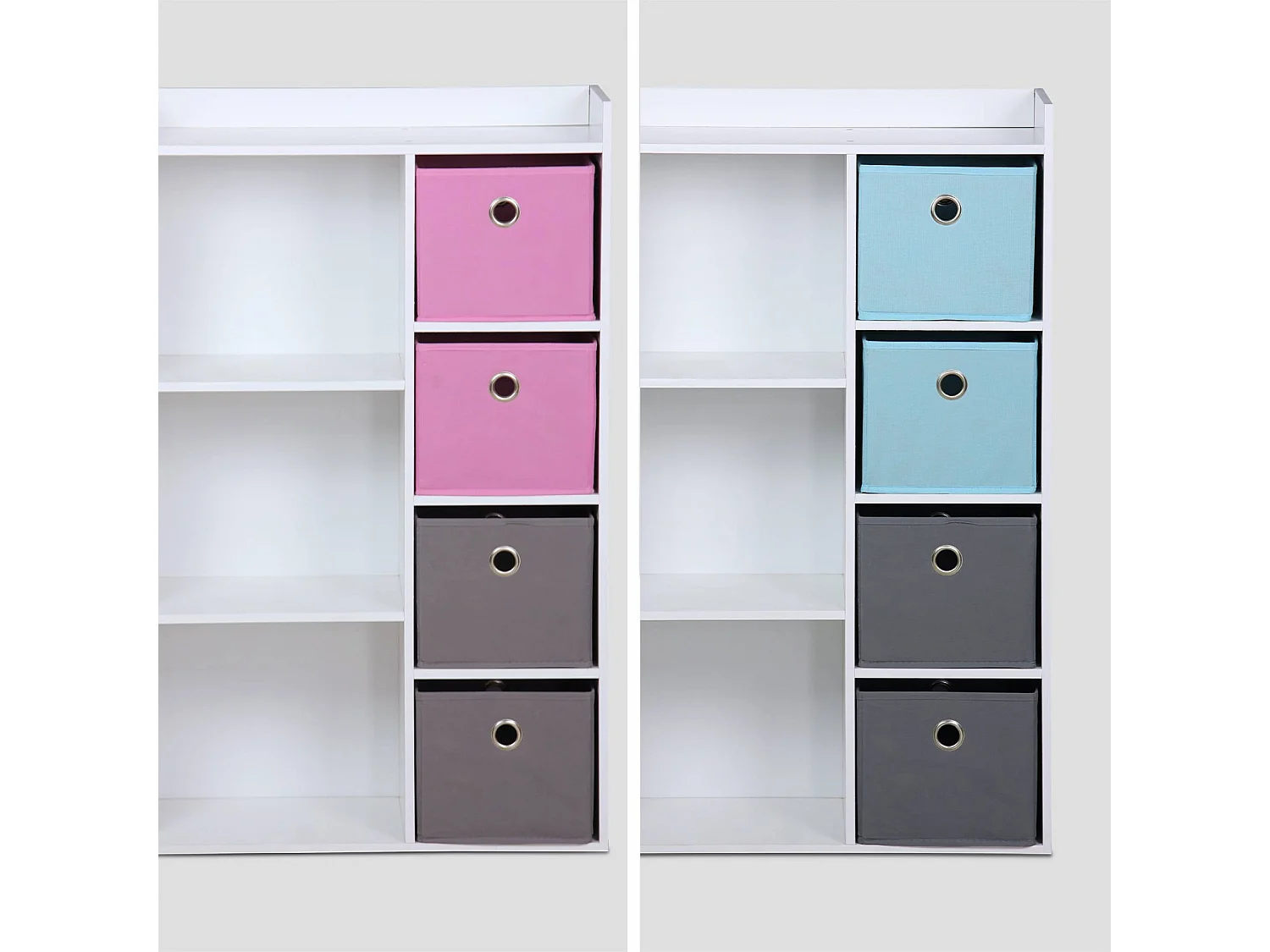Meuble de rangement pour enfant. blanc - Camille - avec 7 compartiments et 4 paniers gris et bleus