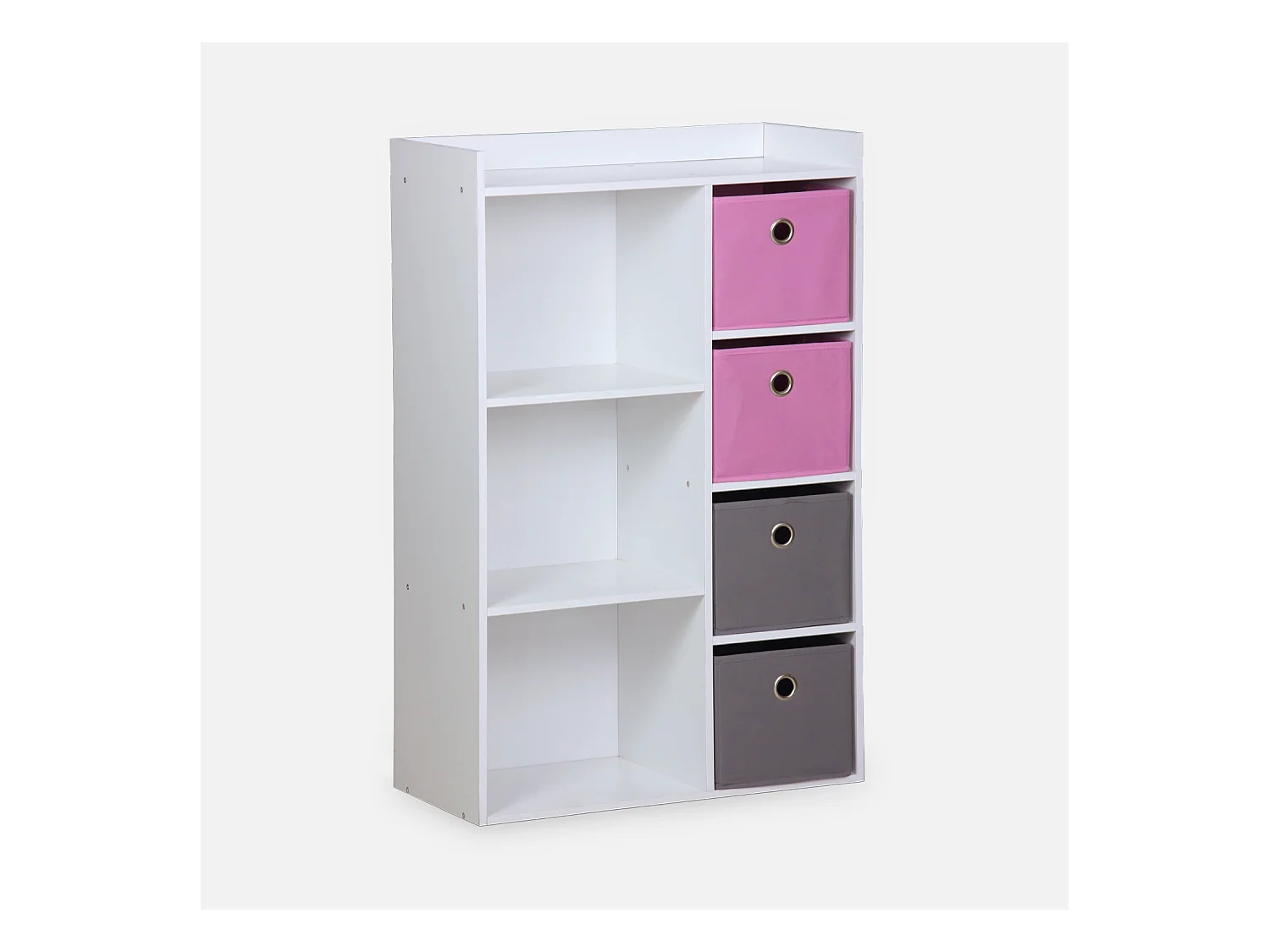 Meuble de rangement pour enfant. blanc - Camille - avec 7 compartiments et 4 paniers gris et roses
