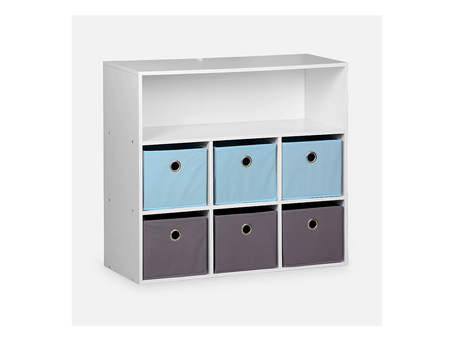 Meuble de rangement pour enfant. blanc - Camille - avec 7 compartiments et 6 paniers gris et bleus
