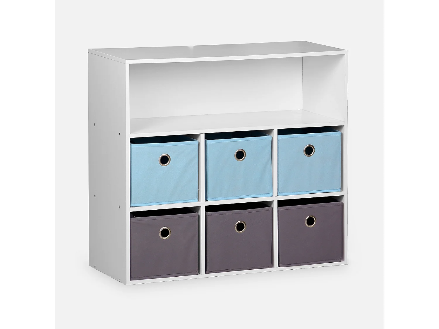 Meuble de rangement pour enfant. blanc - Camille - avec 7 compartiments et 6 paniers gris et bleus