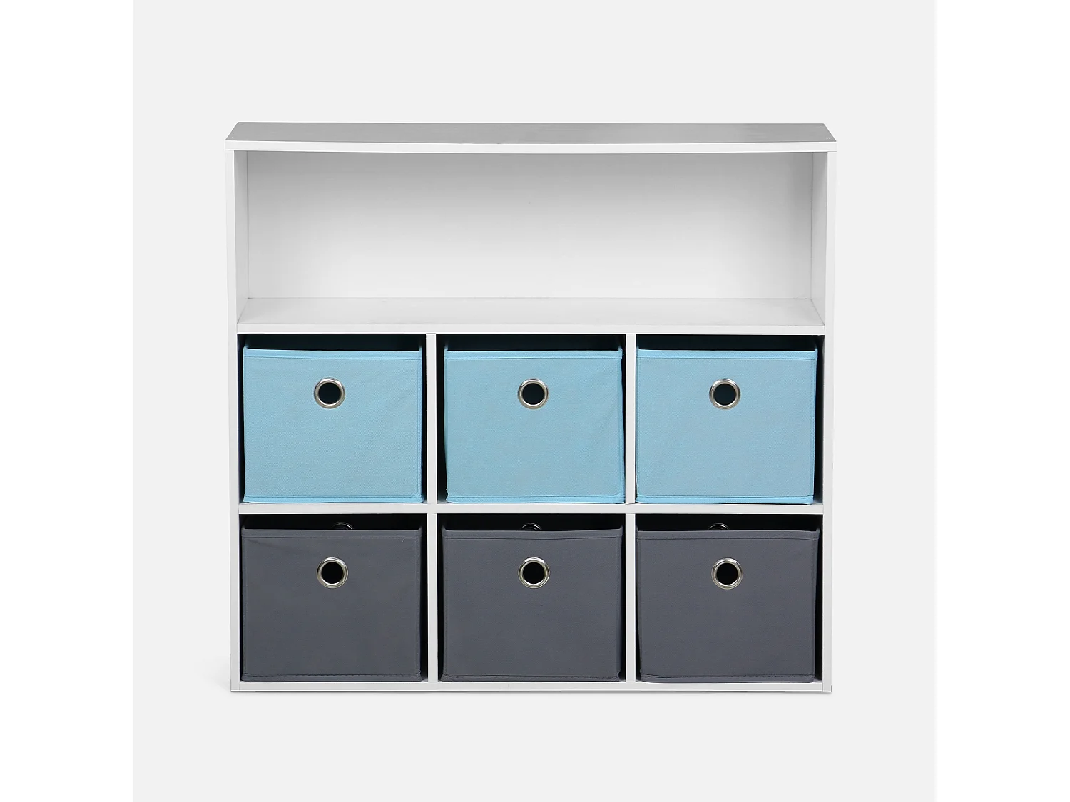Meuble de rangement pour enfant. blanc - Camille - avec 7 compartiments et 6 paniers gris et bleus