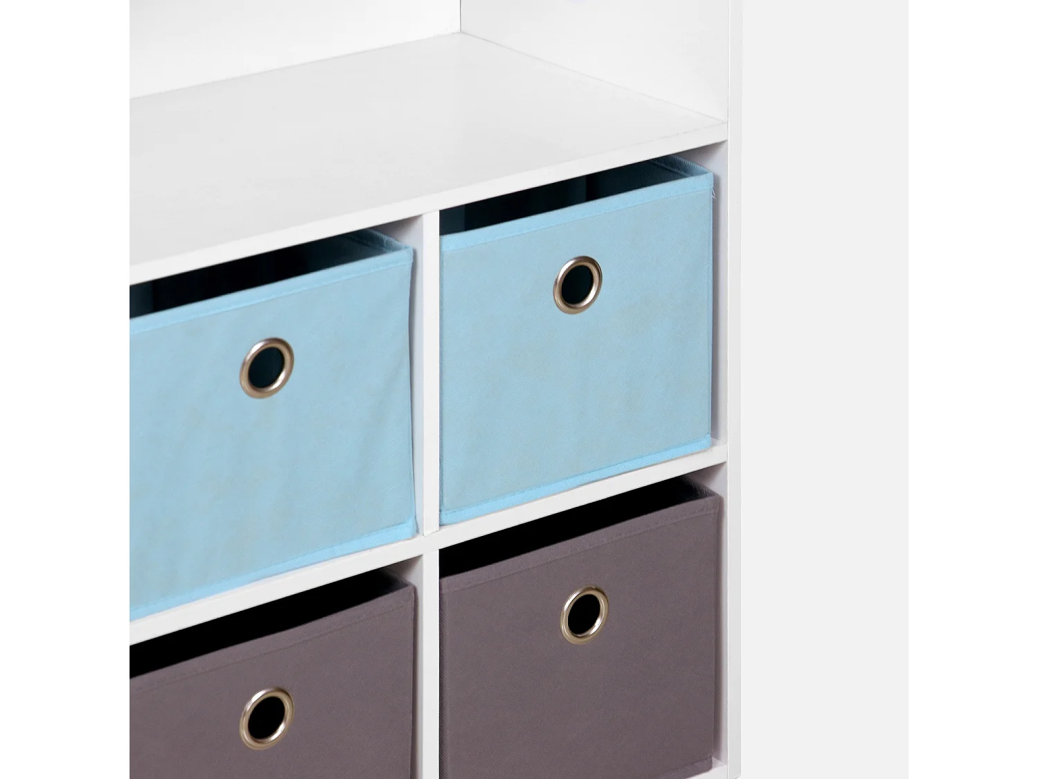 Meuble de rangement pour enfant. blanc - Camille - avec 7 compartiments et 6 paniers gris et bleus