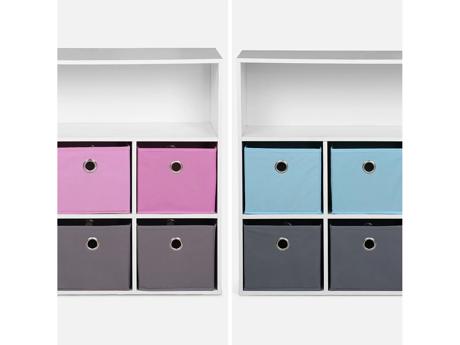 Meuble de rangement pour enfant. blanc - Camille - avec 7 compartiments et 6 paniers gris et bleus