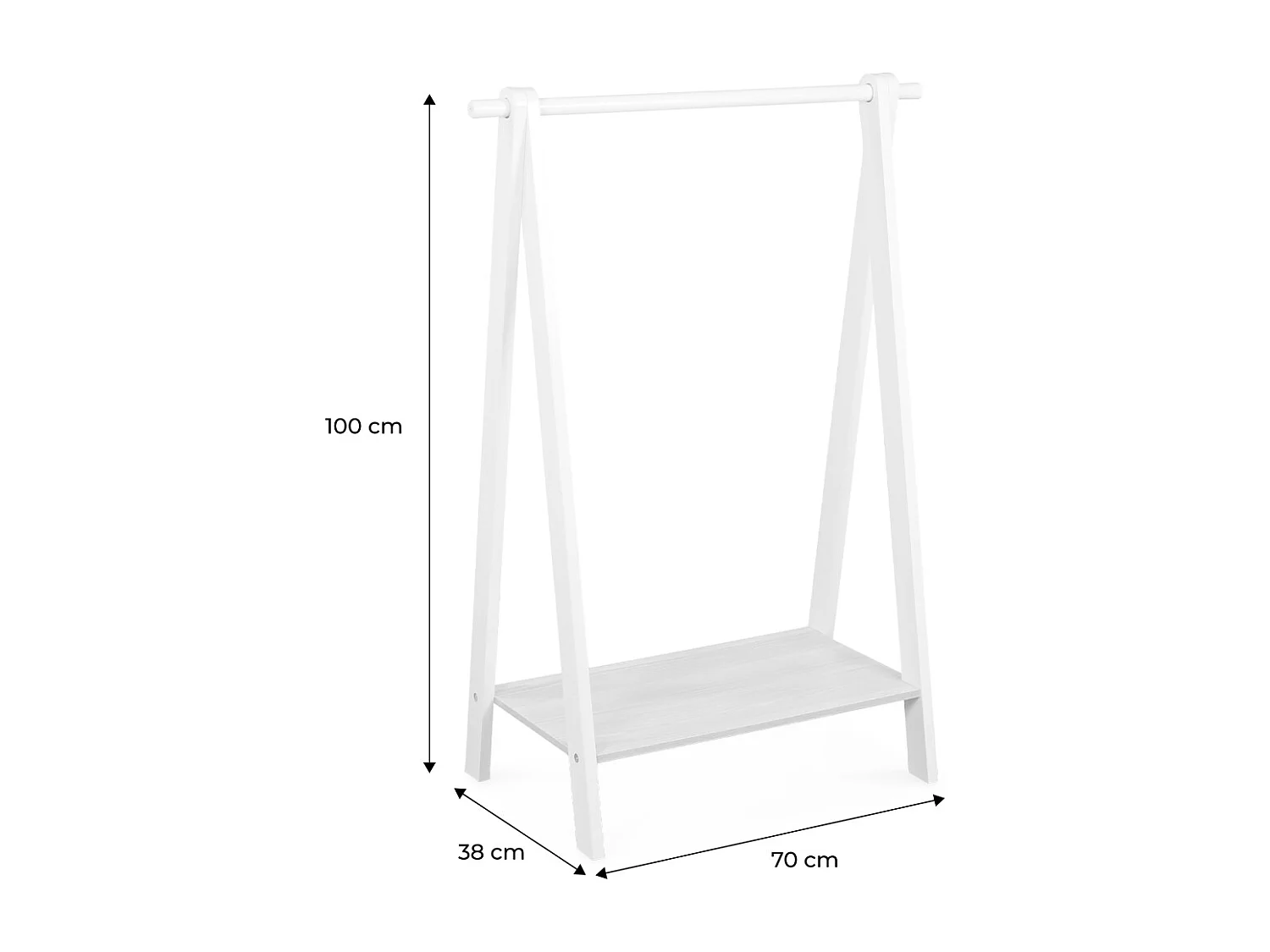 Penderie enfant en bois massif en pin naturel blanc - Tobias - 70X100CM. étagère basse. portant style scandinave. 4 pieds. 4.3kg