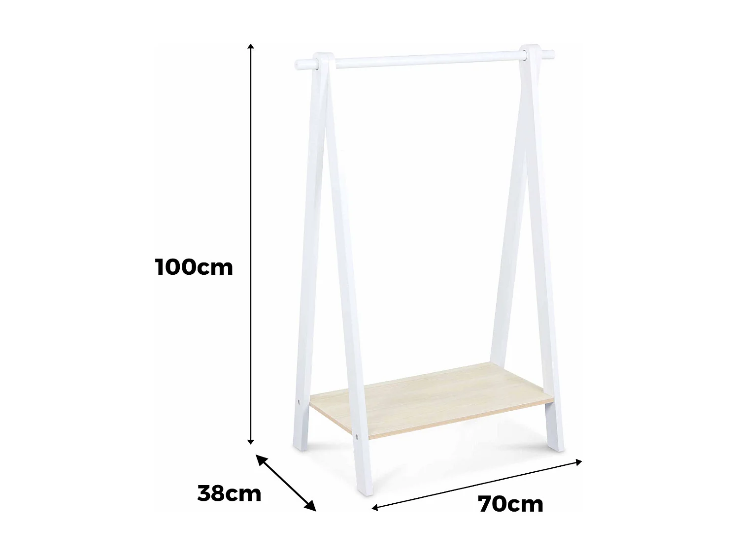Penderie enfant en bois massif en pin naturel blanc - Tobias - 70X100CM. étagère basse. portant style scandinave. 4 pieds. 4.3kg