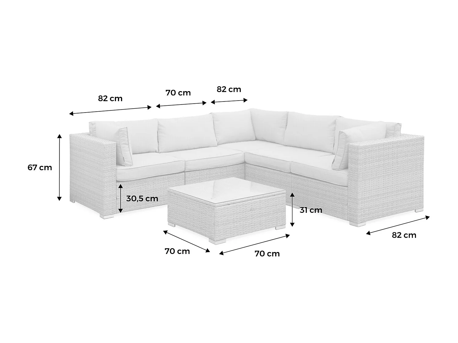 Salon de jardin en résine tressée - Napoli - Beige. Coussins Beige - 5 places - 2 fauteuils sans accoudoir. 3 fauteuils d'angle. une table basse