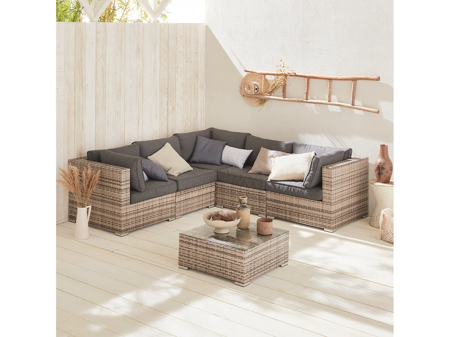 Conjunto de muebles de jardín de 5 plazas varios tonos de grises