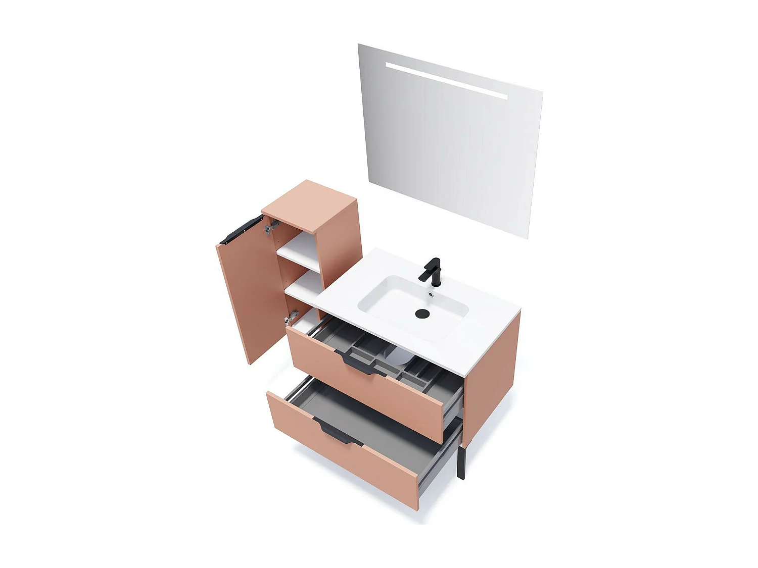 Meuble de salle de bain suspendu vasque intégrée 90cm 2 tiroirs Abricot + miroir - Soho