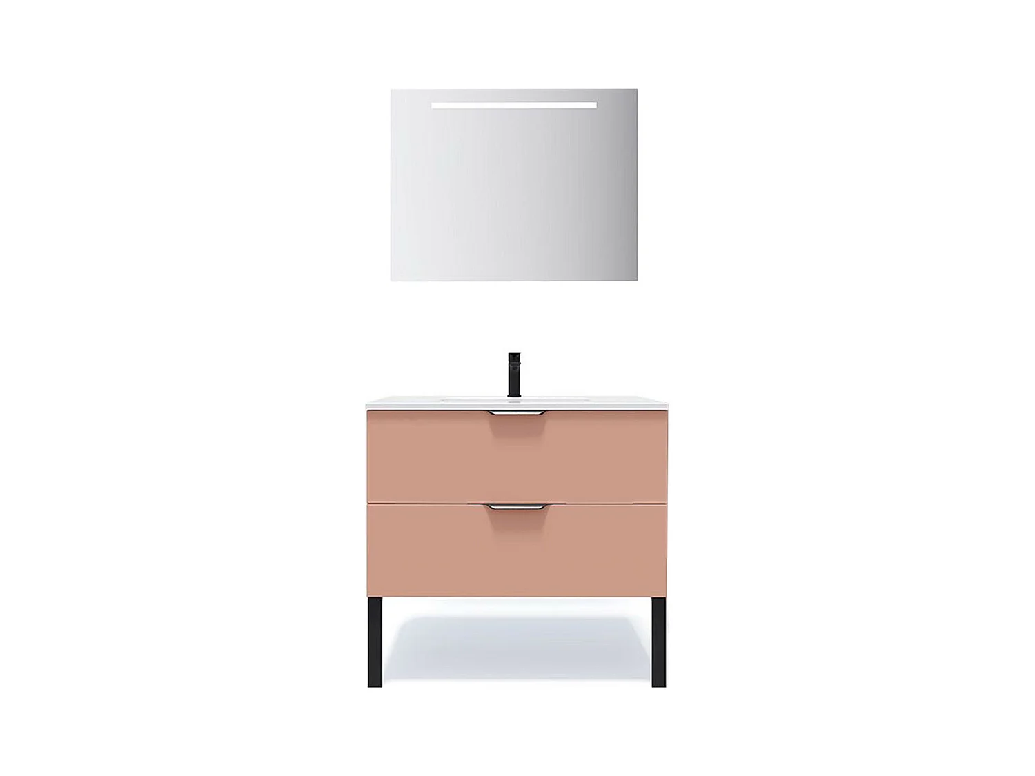 Meuble de salle de bain suspendu vasque intégrée 90cm 2 tiroirs Abricot + miroir - Soho