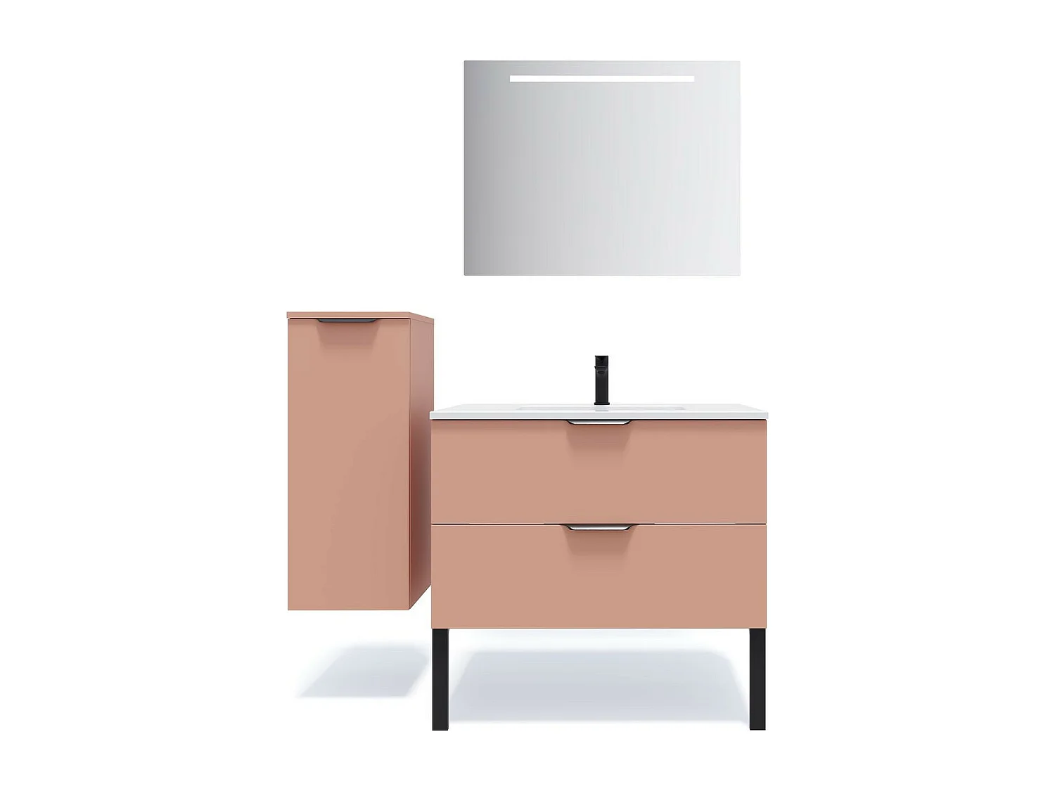 Meuble de salle de bain suspendu vasque intégrée 90cm 2 tiroirs Abricot + miroir - Soho