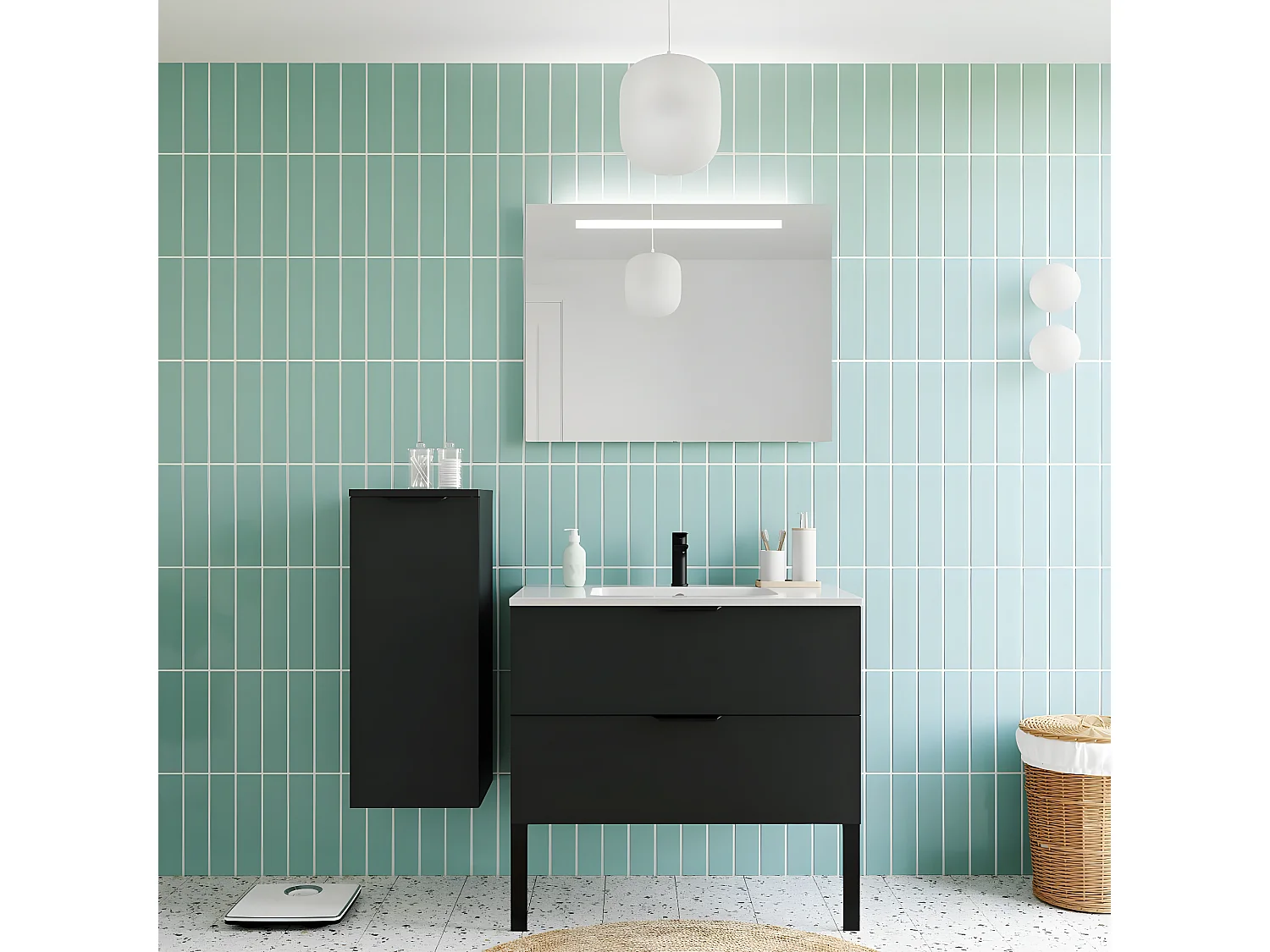 Meuble de salle de bain suspendu vasque intégrée 90cm 2 tiroirs Noir + miroir - Soho