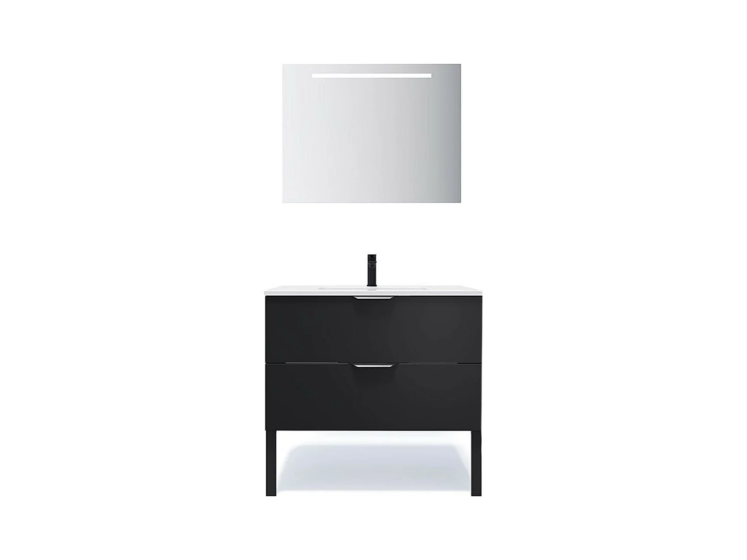 Meuble de salle de bain suspendu vasque intégrée 90cm 2 tiroirs Noir + miroir - Soho