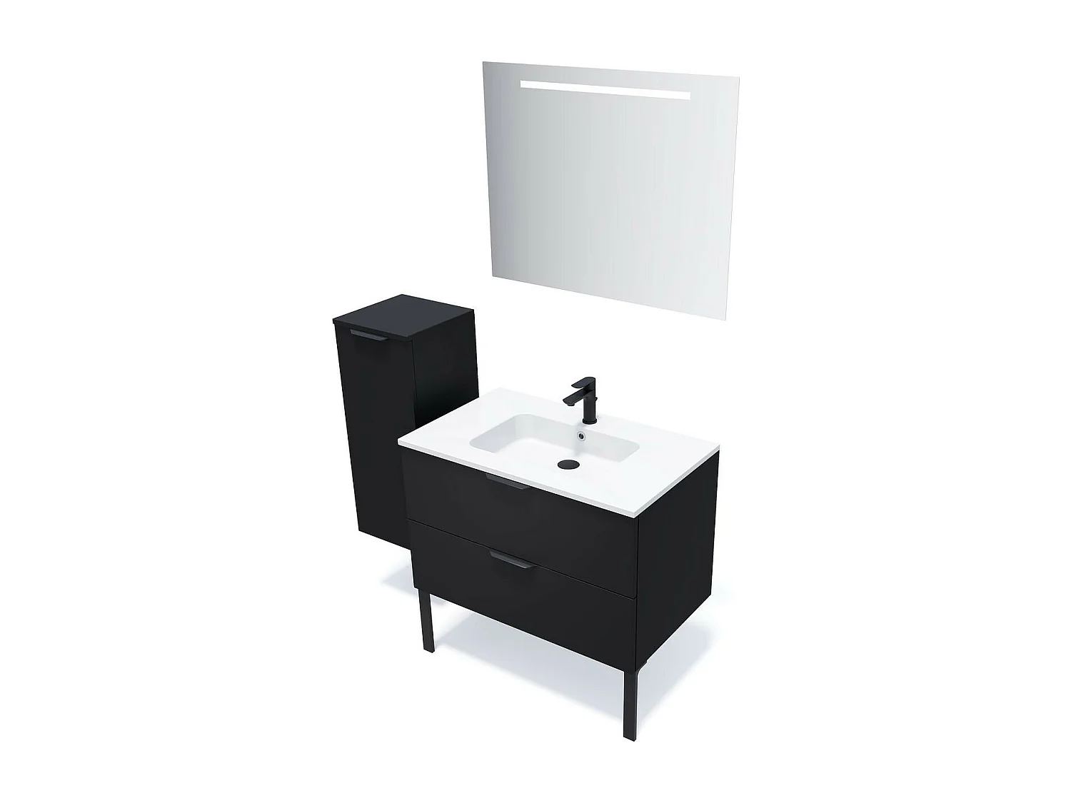 Meuble de salle de bain suspendu vasque intégrée 90cm 2 tiroirs Noir + miroir - Soho