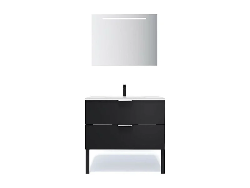 Meuble de salle de bain suspendu vasque intégrée 90cm 2 tiroirs Noir + miroir - Soho