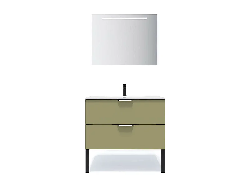 Meuble de salle de bain suspendu vasque intégrée 90cm 2 tiroirs Vert olive + miroir - Soho