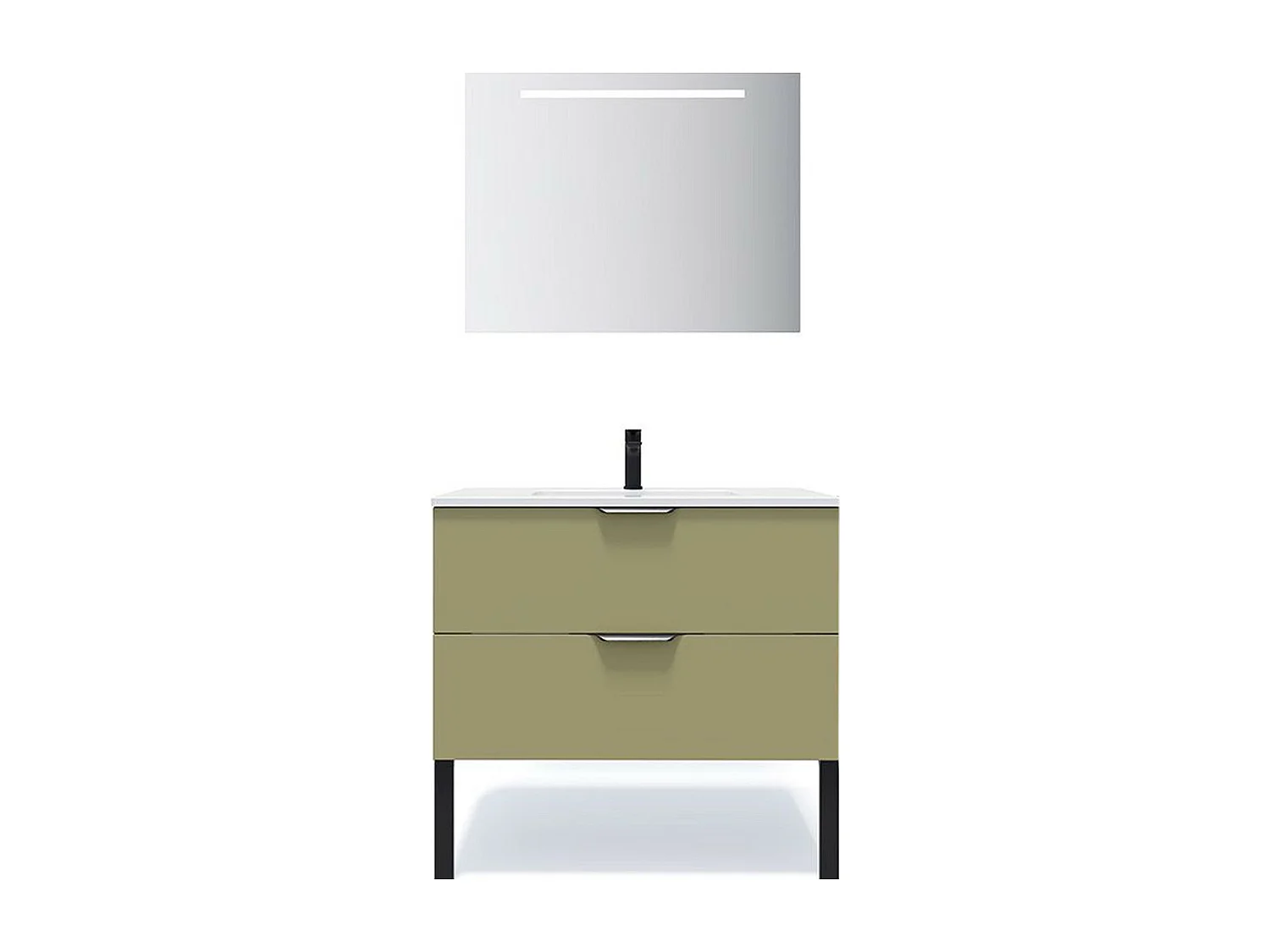 Meuble de salle de bain suspendu vasque intégrée 90cm 2 tiroirs Vert olive + miroir - Soho