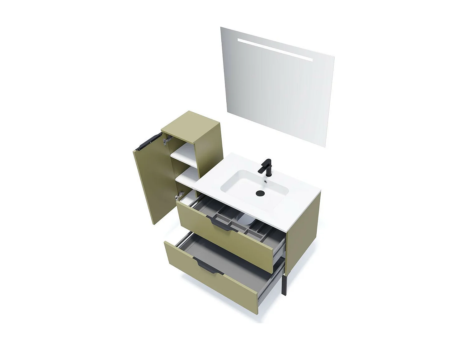 Meuble de salle de bain suspendu vasque intégrée 90cm 2 tiroirs Vert olive + miroir - Soho