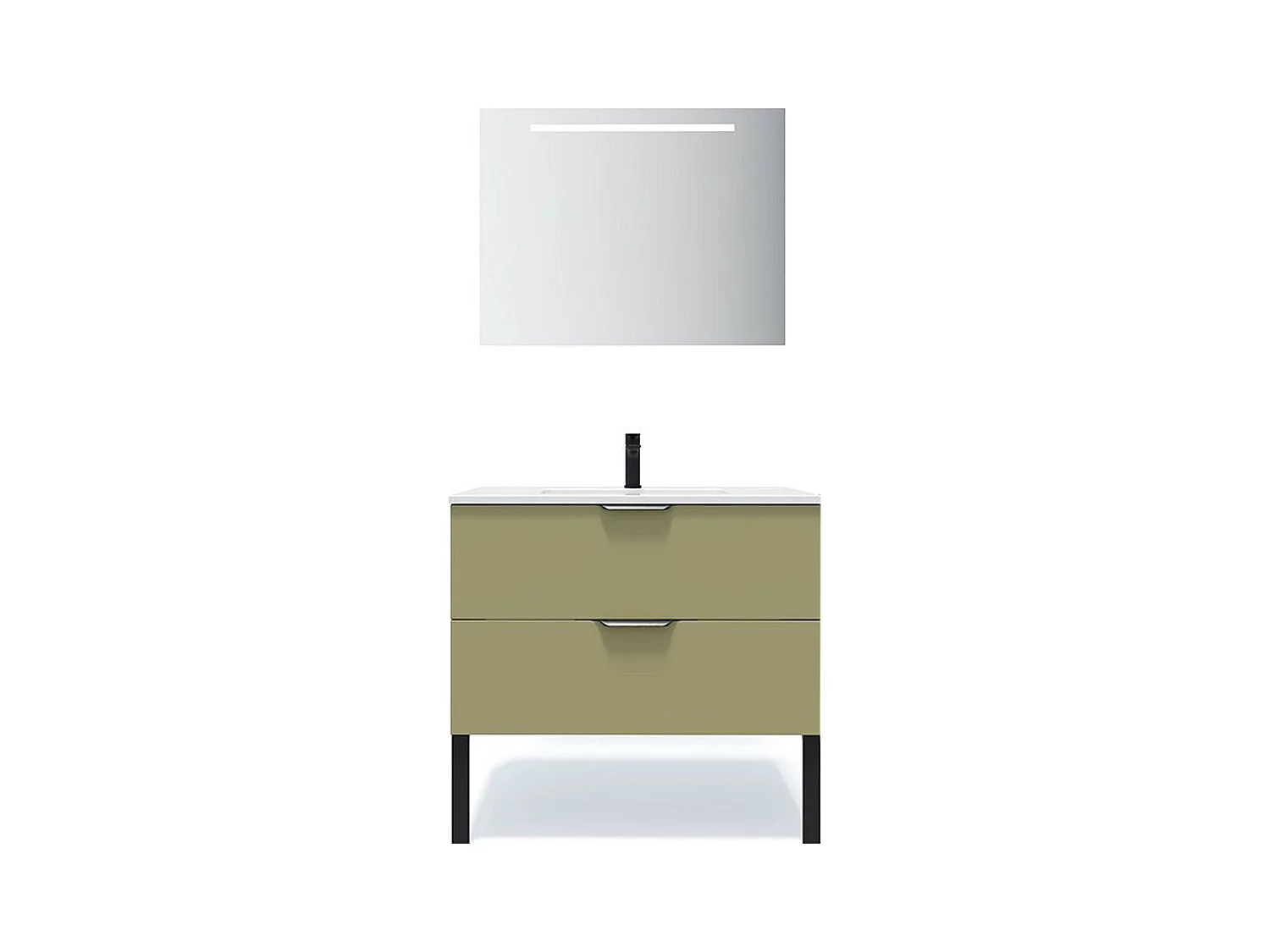 Meuble de salle de bain suspendu vasque intégrée 90cm 2 tiroirs Vert olive + miroir - Soho