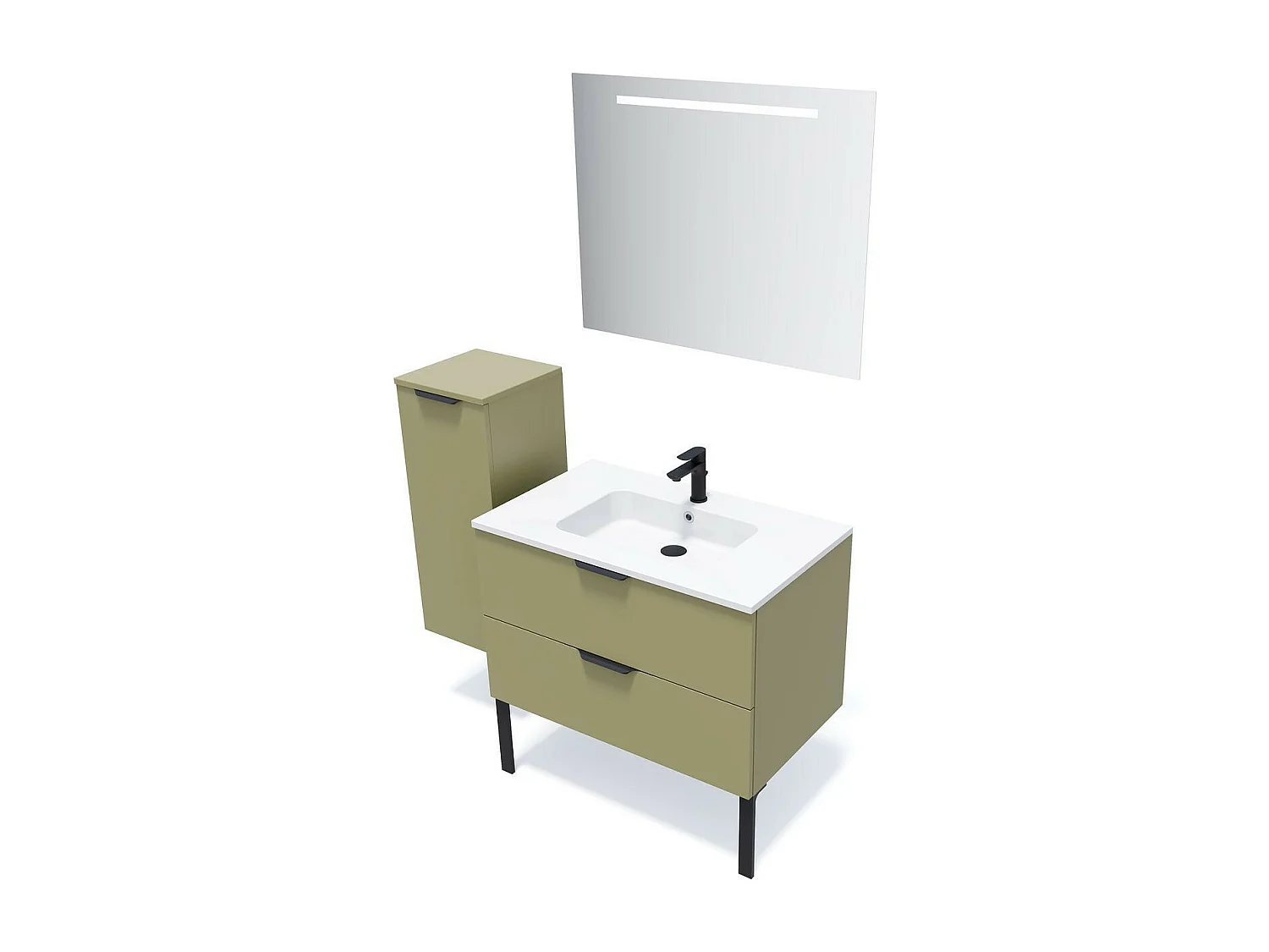 Meuble de salle de bain suspendu vasque intégrée 90cm 2 tiroirs Vert olive + miroir - Soho