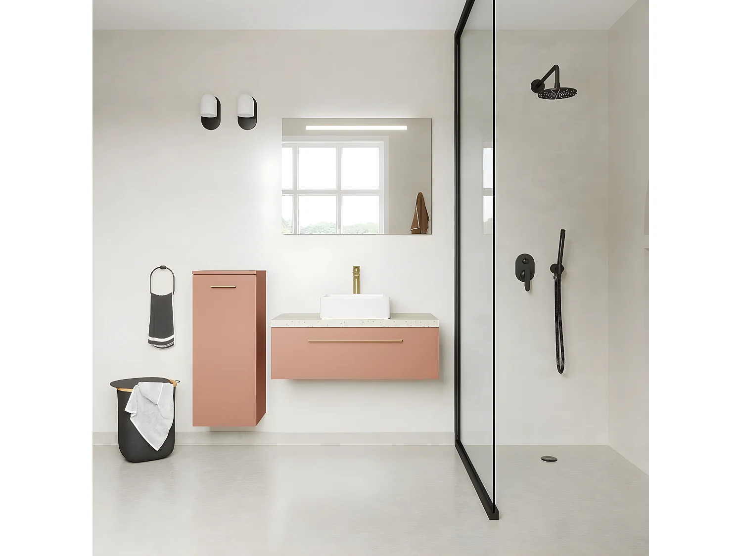 Meuble de salle de bain suspendu vasque à poser 90cm 1 tiroir Abricot + miroir - Glasgow