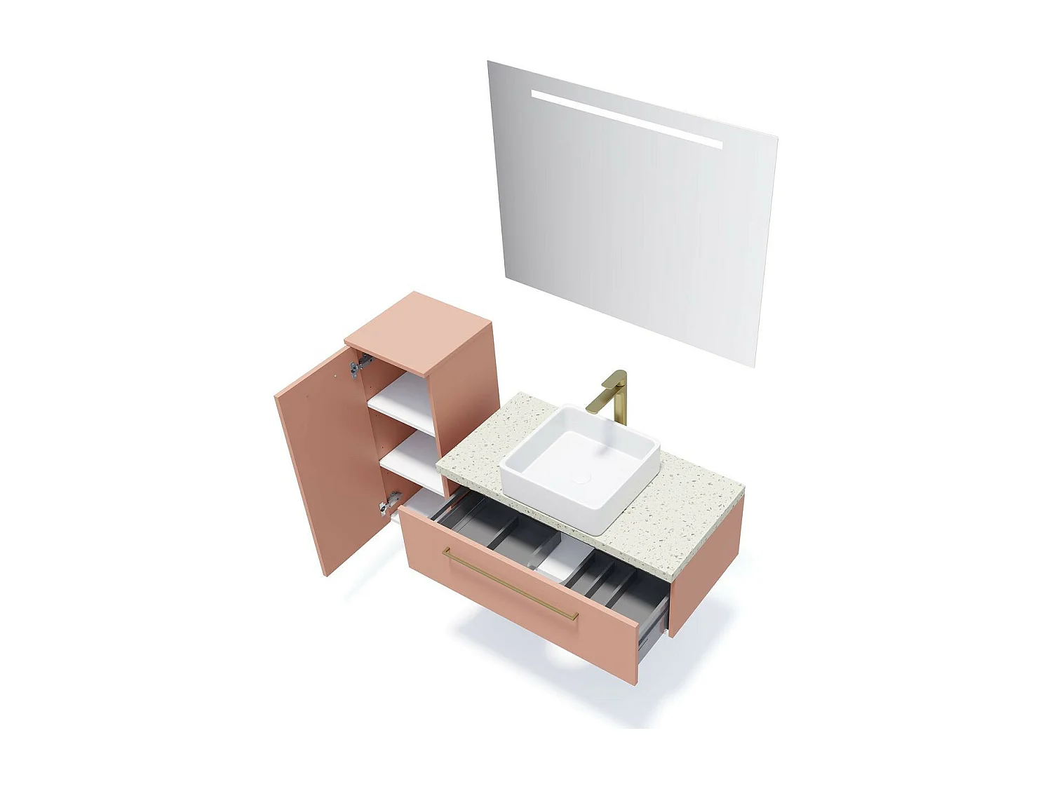 Meuble de salle de bain suspendu vasque à poser 90cm 1 tiroir Abricot + miroir - Glasgow