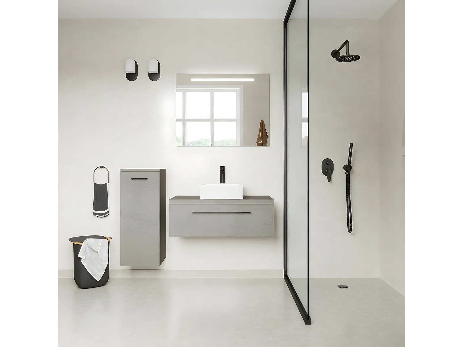 Meuble de salle de bain suspendu vasque à poser 90cm 1 tiroir façon Béton + miroir - Glasgow