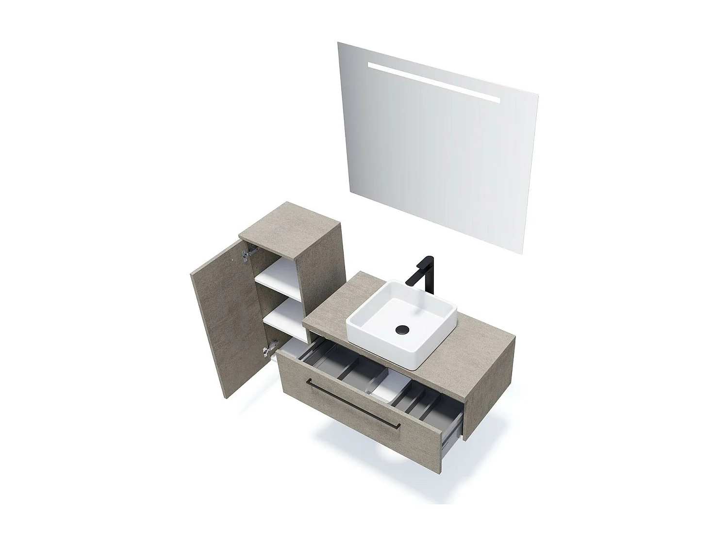 Meuble de salle de bain suspendu vasque à poser 90cm 1 tiroir façon Béton + miroir - Glasgow