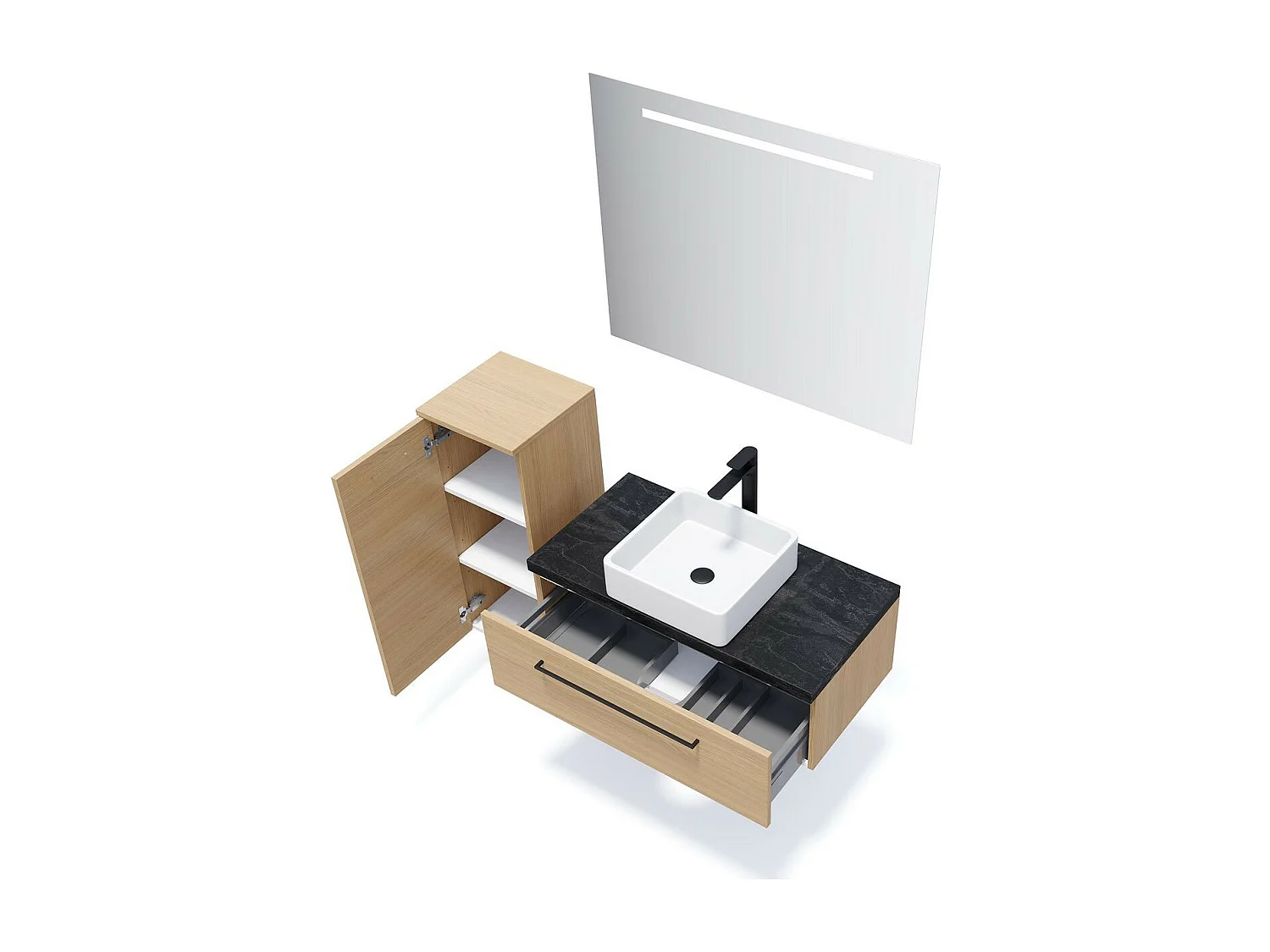 Meuble de salle de bain suspendu vasque à poser 90cm 1 tiroir Chêne clair + miroir - Glasgow