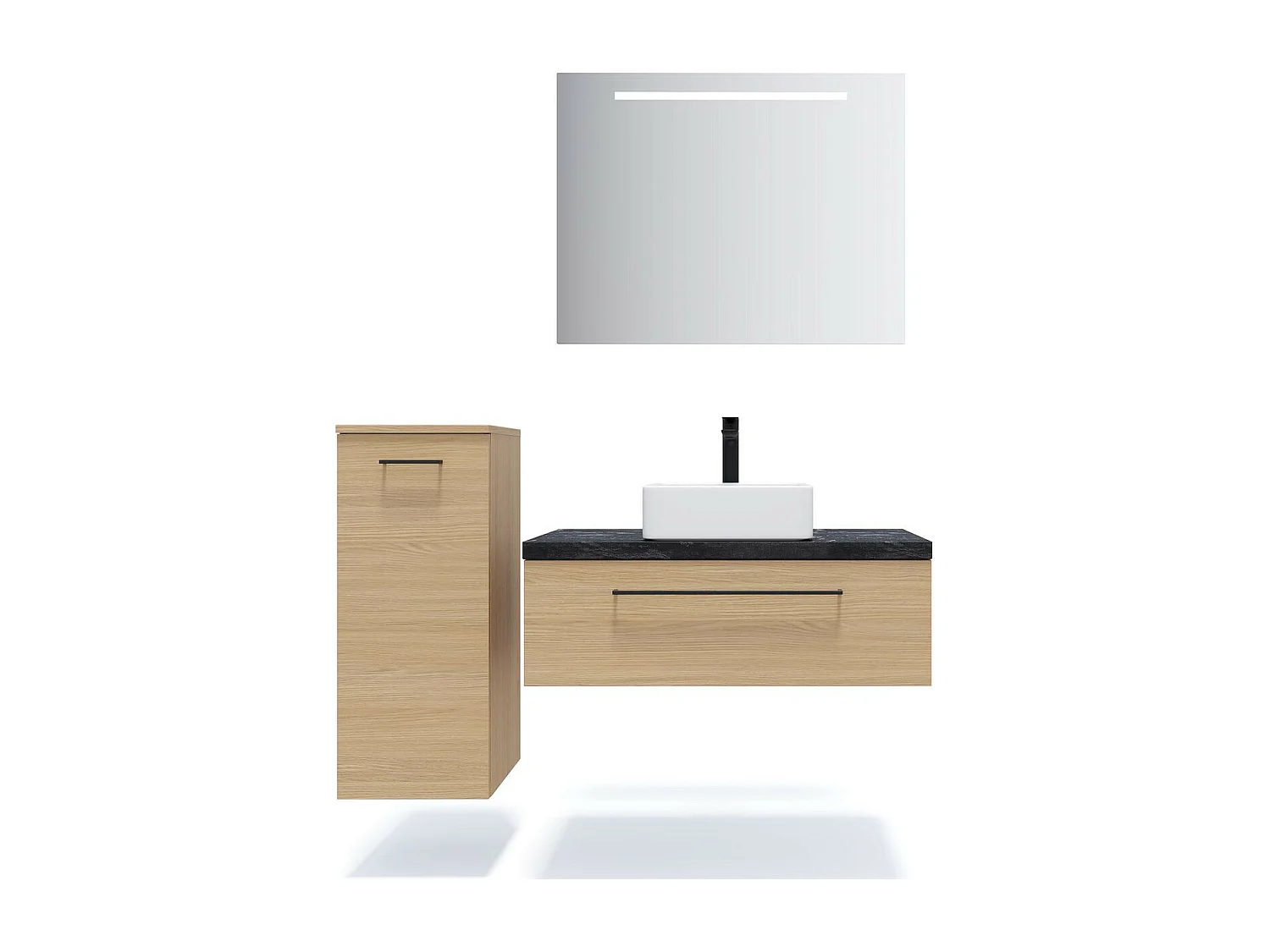 Meuble de salle de bain suspendu vasque à poser 90cm 1 tiroir Chêne clair + miroir - Glasgow