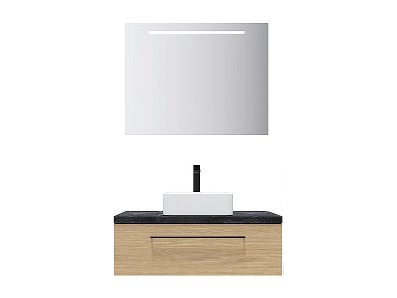 Meuble de salle de bain suspendu vasque à poser 90cm 1 tiroir Chêne clair + miroir - Glasgow