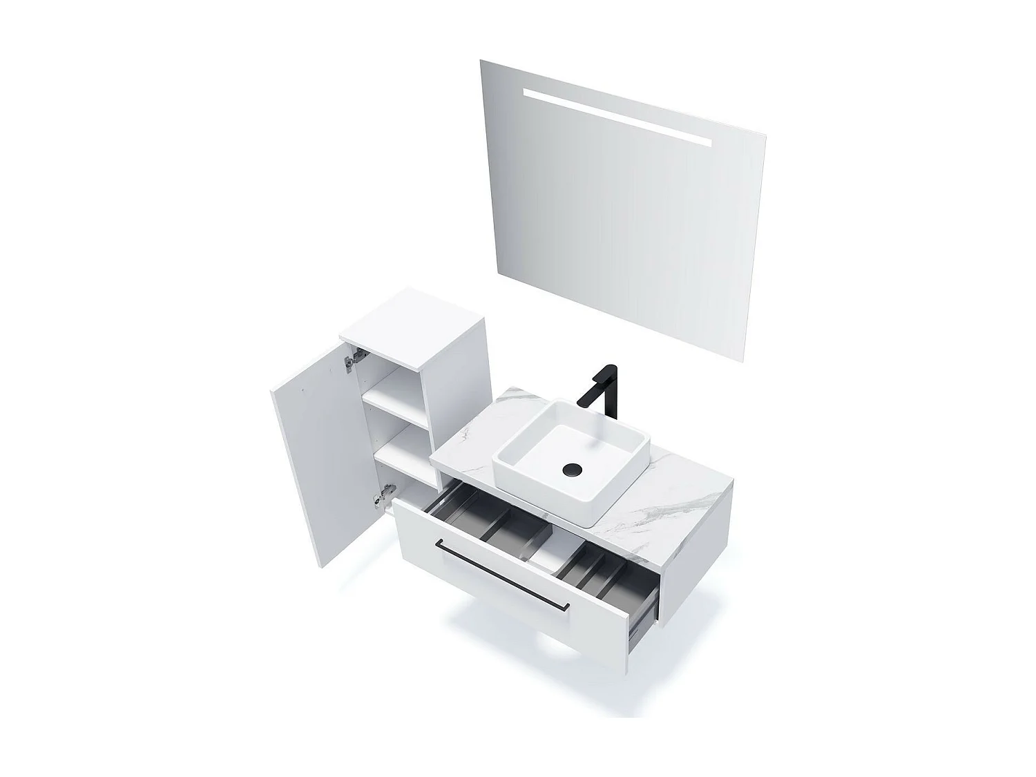 Meuble de salle de bain suspendu vasque à poser 90cm 1 tiroir Blanc + miroir - Glasgow