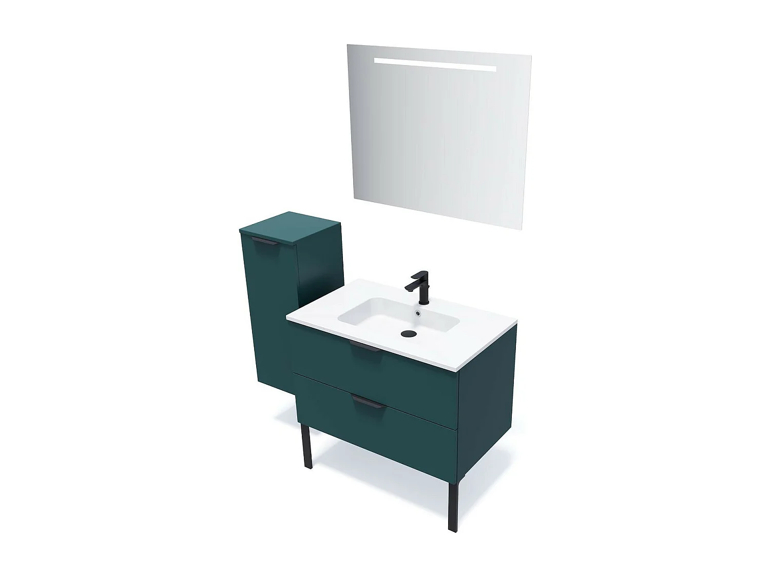 Meuble de salle de bain suspendu vasque intégrée 90cm 2 tiroirs Bleu + miroir - Soho