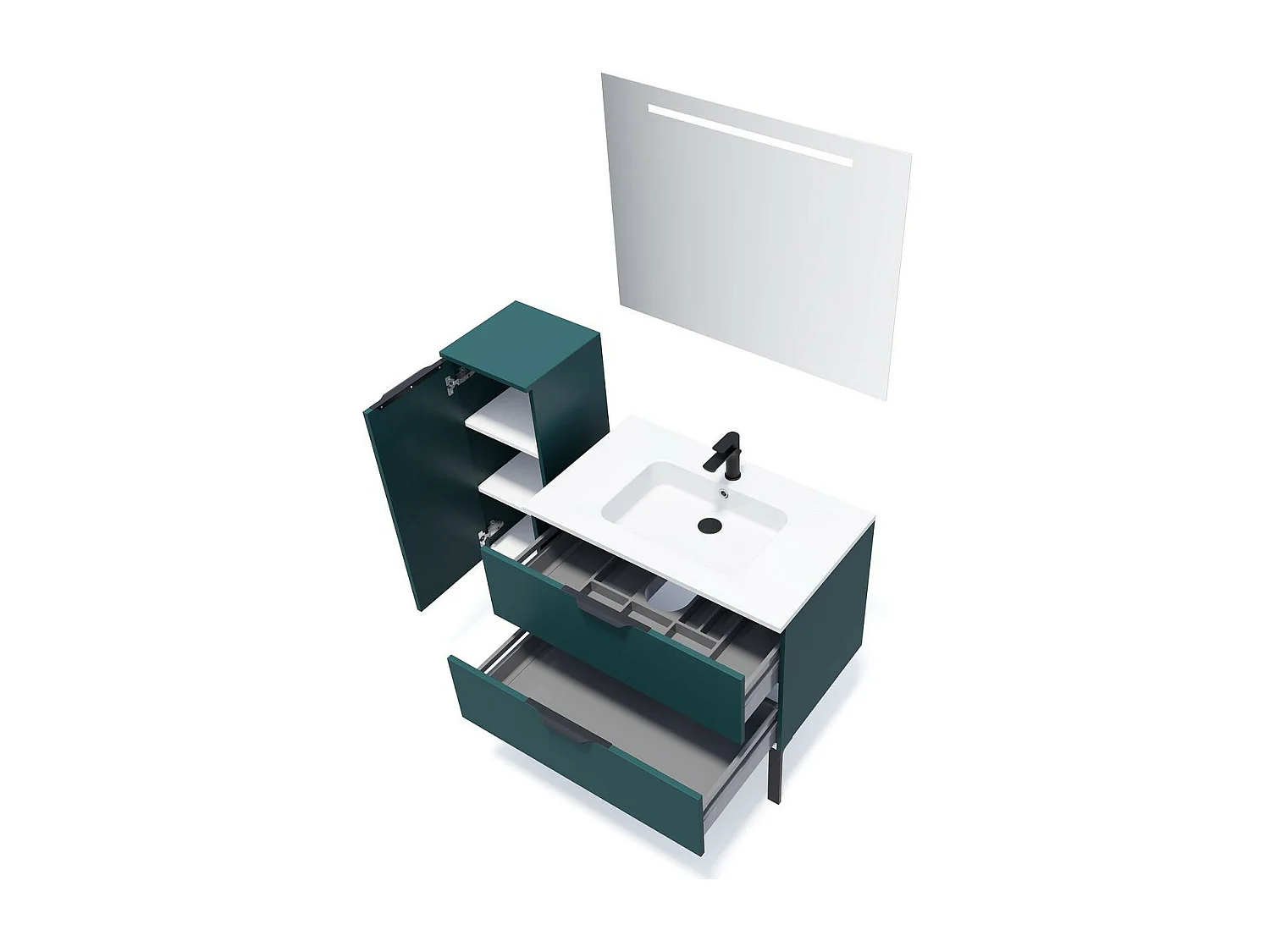 Meuble de salle de bain suspendu vasque intégrée 90cm 2 tiroirs Bleu + miroir - Soho