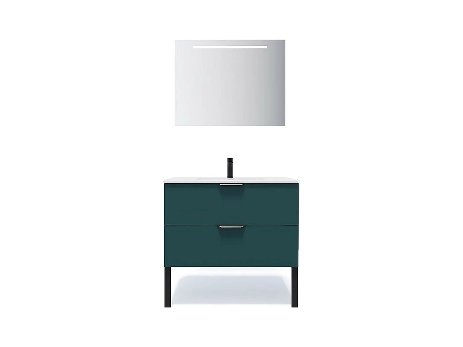 Meuble de salle de bain suspendu vasque intégrée 90cm 2 tiroirs Bleu + miroir - Soho