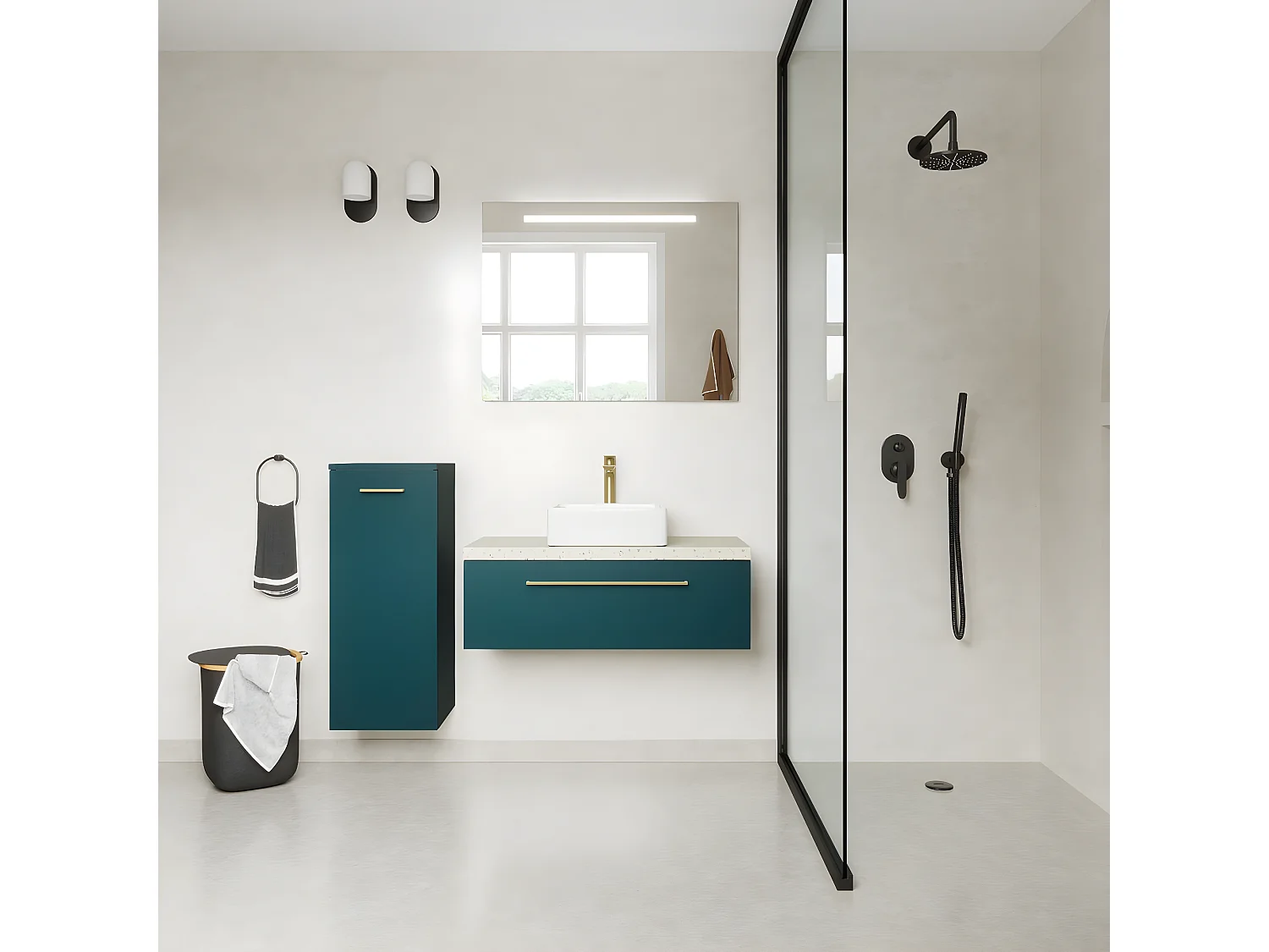 Meuble de salle de bain suspendu vasque à poser 90cm 1 tiroir Bleu + miroir - Glasgow
