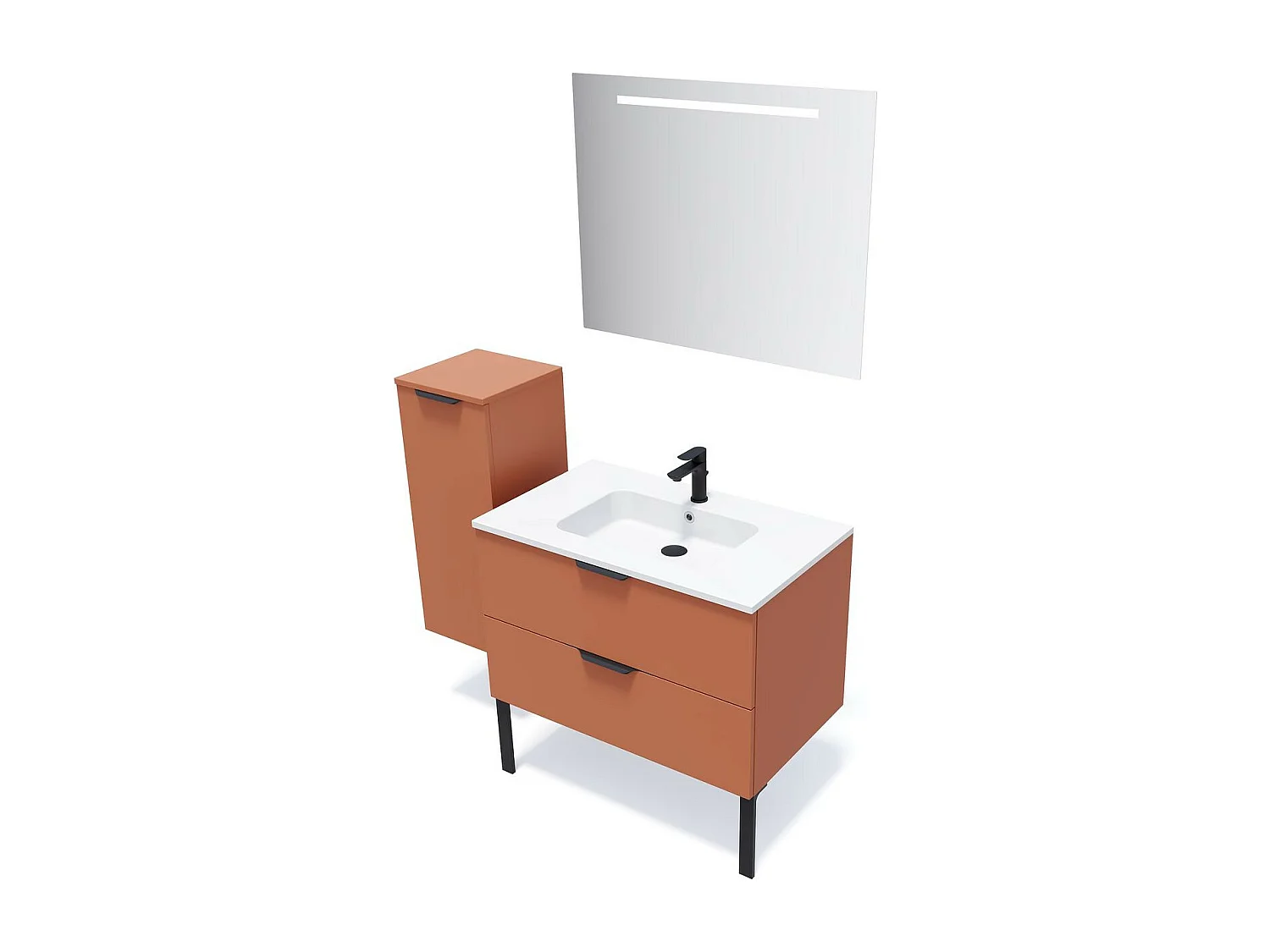 Meuble de salle de bain suspendu vasque intégrée 90cm 2 tiroirs Terracotta + miroir - Soho