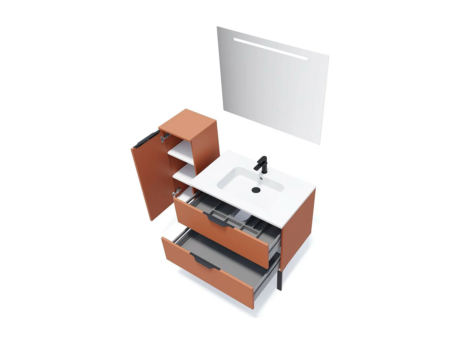 Meuble de salle de bain suspendu vasque intégrée 90cm 2 tiroirs Terracotta + miroir - Soho
