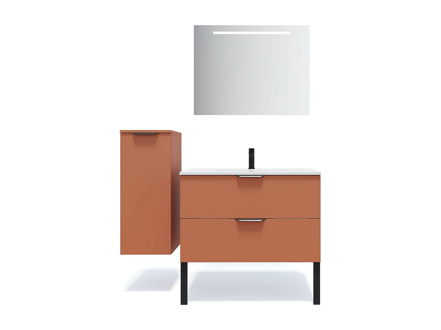 Meuble de salle de bain suspendu vasque intégrée 90cm 2 tiroirs Terracotta + miroir - Soho