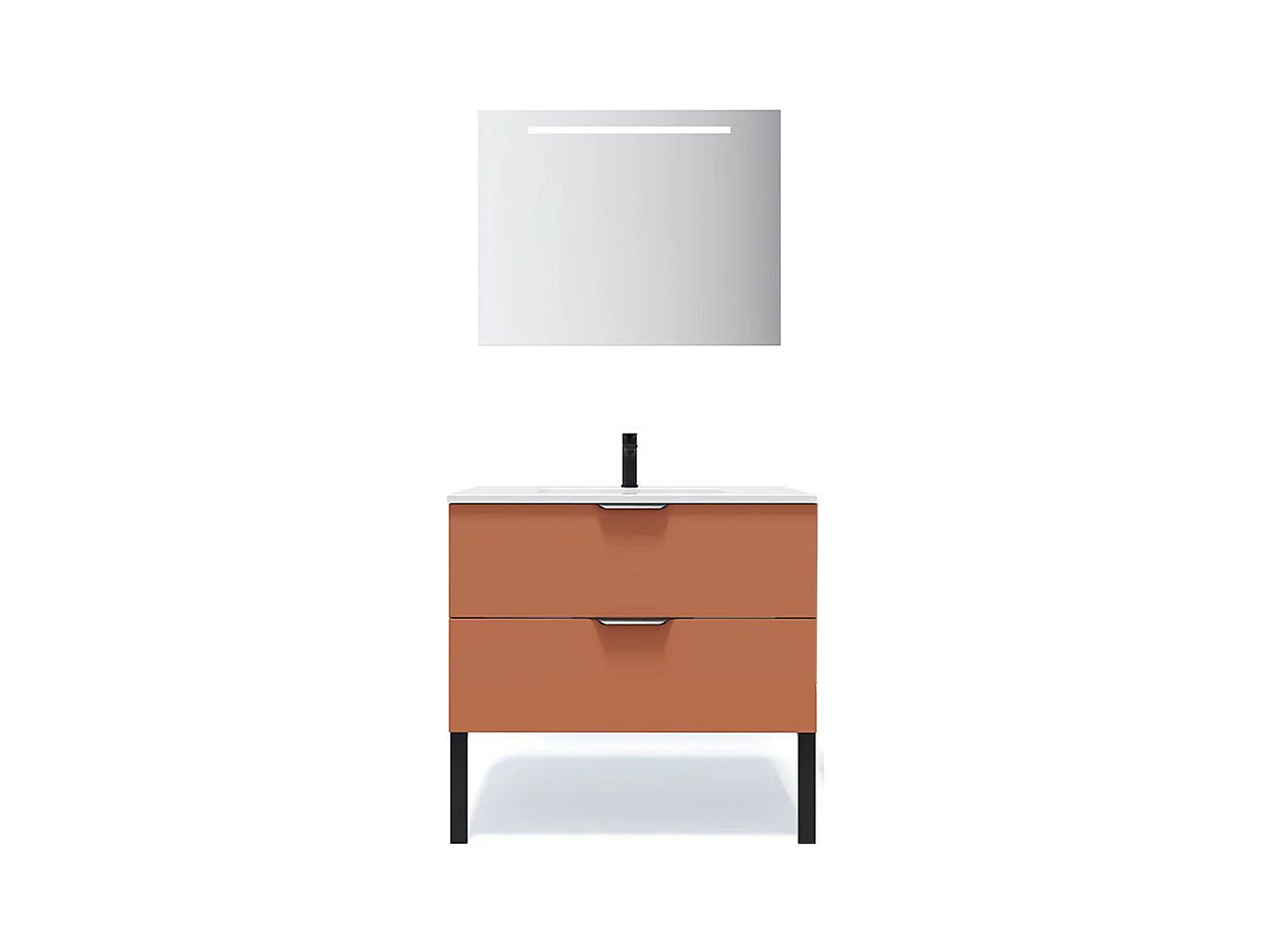 Meuble de salle de bain suspendu vasque intégrée 90cm 2 tiroirs Terracotta + miroir - Soho