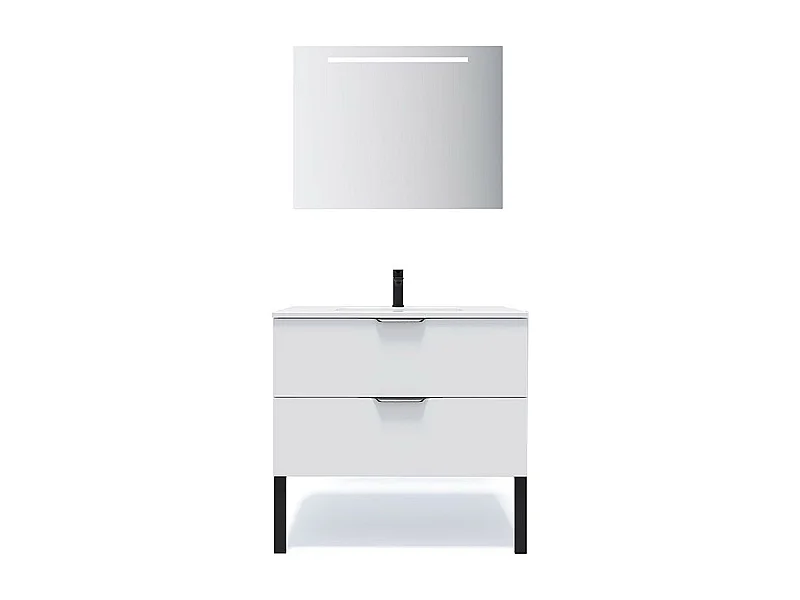 Meuble de salle de bain suspendu vasque intégrée 90cm 2 tiroirs Blanc + miroir - Soho
